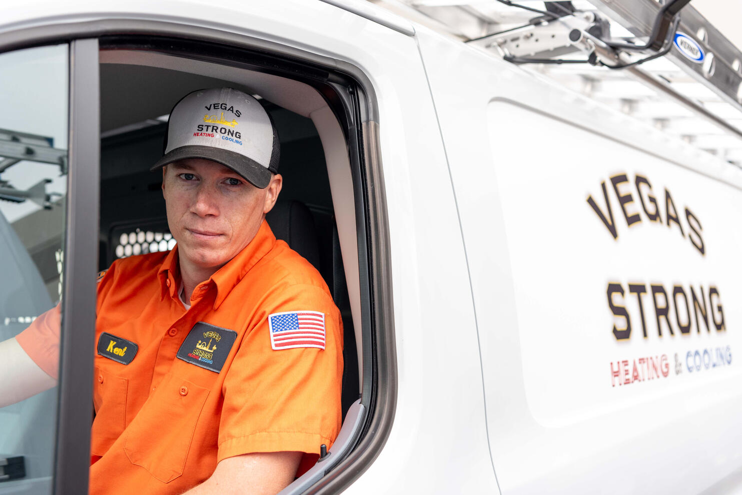 Commercial photography HVAC technician from Vegas Strong heating & Cooling driving van by Tampa photographer Sidney Oster
